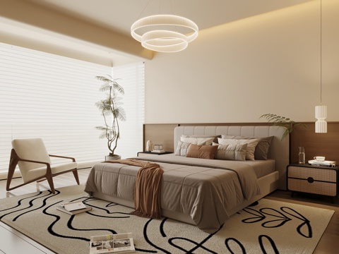  中古风卧室 双人床 床头柜 休闲椅3d模型 