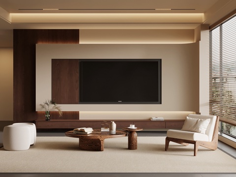 中古风客厅 电视背景墙 沙发茶几组合su模型