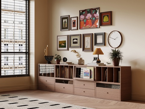 中古风边柜 地柜 书柜 饰品摆件 挂画su模型