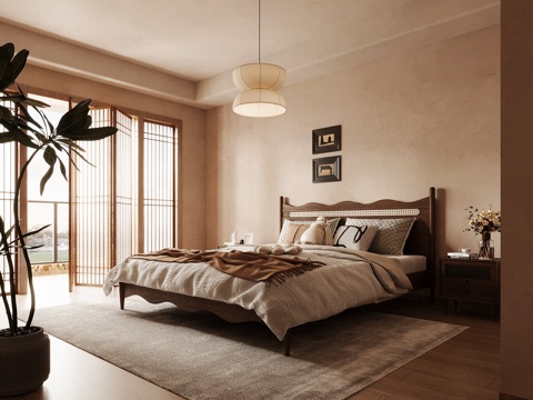 中古风卧室 双人床 床头柜su模型