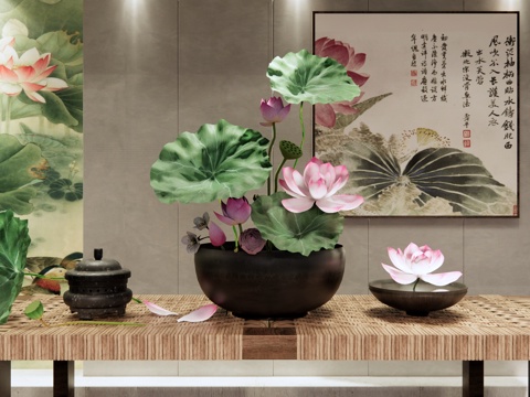 新中式 盆栽 花瓶花艺摆件 荷花插花 禅意插花 荷花 荷叶su模型