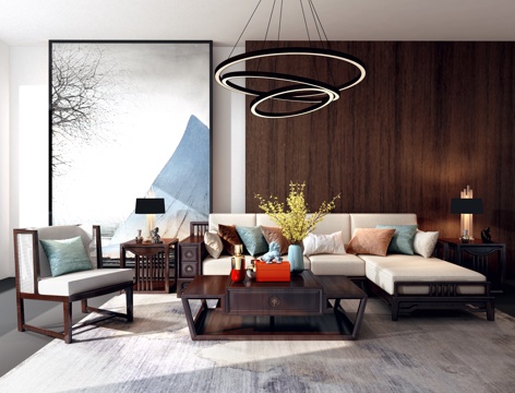  新中式风格实木沙发茶几3d模型组合3d模型 