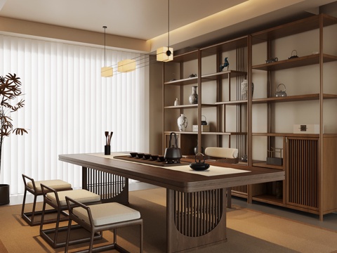  新中式餐厅 餐边柜 餐桌椅 吊灯3d模型 