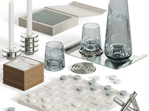 现代饰品摆件组合 玻璃杯 棋盘 蜡烛 桌面摆件 茶几摆件su模型
