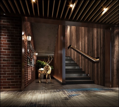  新中式酒店过道 酒店楼梯 酒店入口 鹿 北欧鹿 工业风酒3d模型 