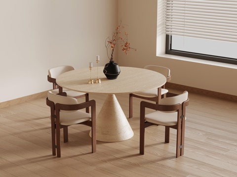 中古风餐桌椅 圆形餐桌su模型