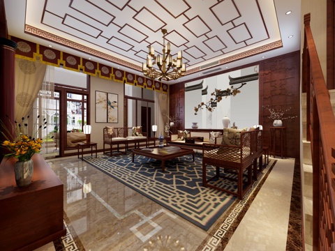  中式红木客厅餐厅3d模型 