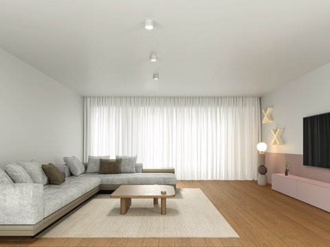  现代极简粉色客餐厅3d模型 