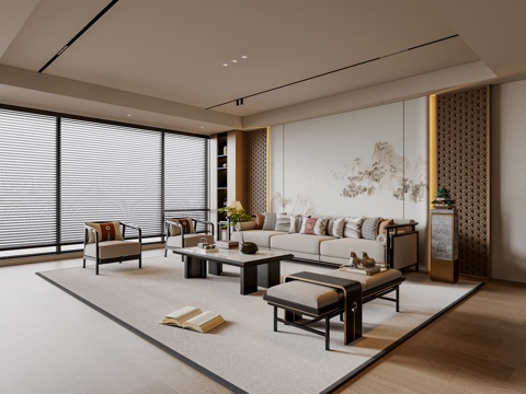 新中式宋式风客厅 沙发茶几 三人沙发 休闲椅 落地灯 地毯su模型