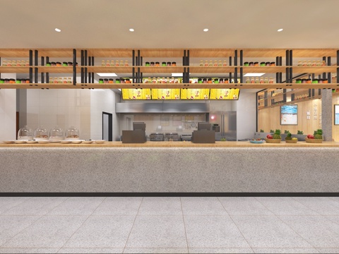  现代快餐厅 中式快餐 明档厨房 点餐台 吧台卡座3d模型 