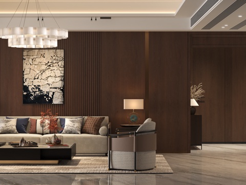 新中式客餐厅 老钱风客餐厅 意式客餐厅 客餐厅木纹墙板 意式su模型