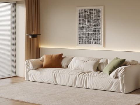 现代奶油风多人沙发 直排沙发 布艺沙发su模型