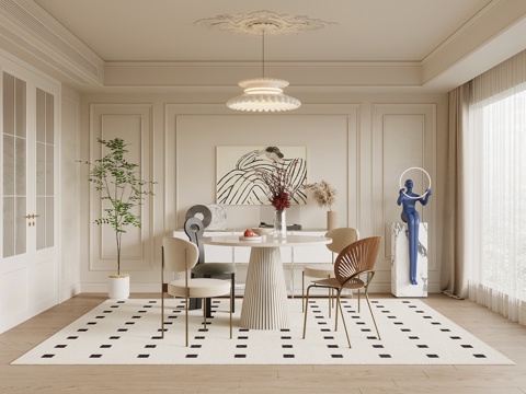  法式奶油风餐厅 餐桌椅3d模型 