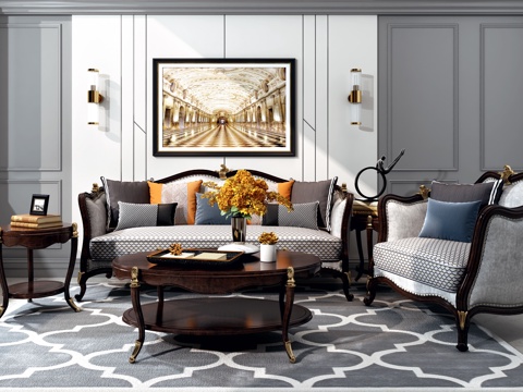  美式风格沙发茶几组合3d模型 