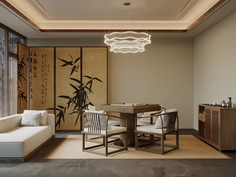 新中式棋牌室 麻将室 麻将桌su模型