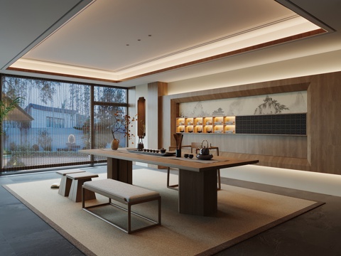 新中式茶室 茶台 茶桌椅su模型