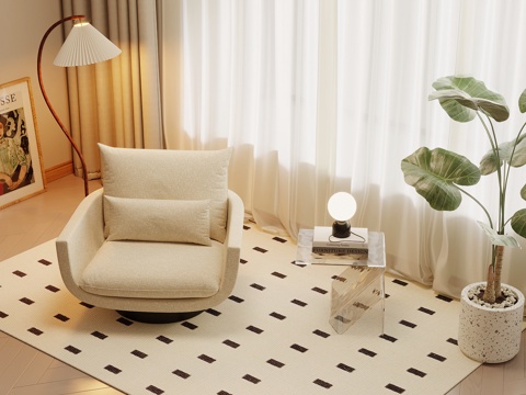 现代奶油风单人沙发 休闲沙发 边几su模型