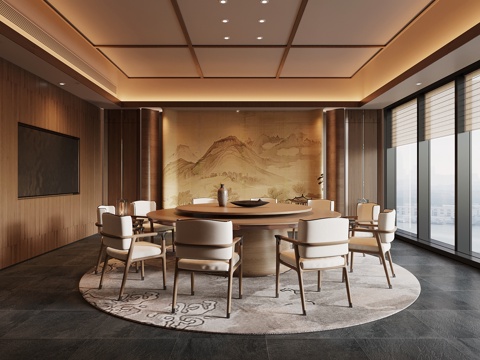 新中式包厢 包间 餐桌椅su模型