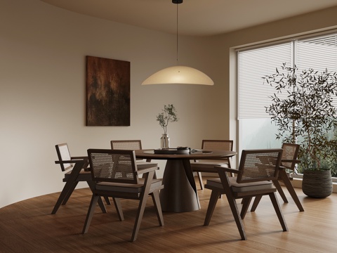 侘寂风餐桌椅 圆形餐桌su模型