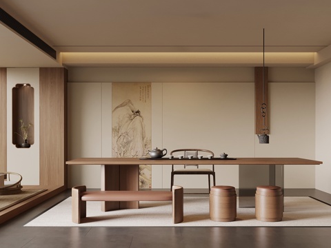 新中式茶室 茶桌椅 茶叶柜su模型