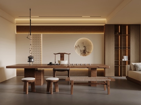 新中式茶室 茶桌椅 茶叶柜su模型