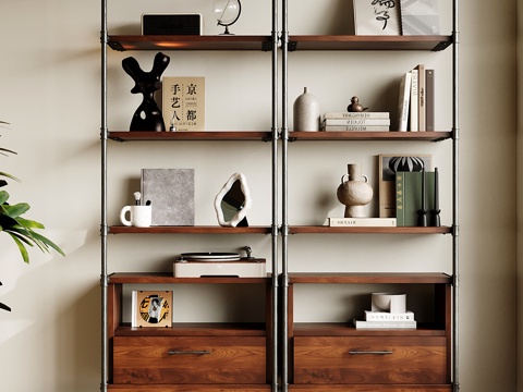 现代中古书架 置物柜架 收纳架 铁艺书柜su模型