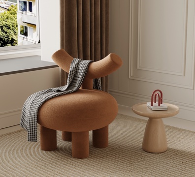 现代奶油风单人沙发 休闲沙发 边几su模型