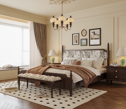  美式卧室 双人床 床尾凳 地毯3d模型 