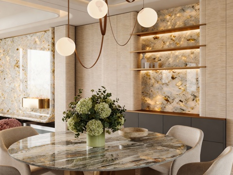  现代轻奢餐厅 别墅客厅 餐桌椅组合 吊灯 装饰柜3d模型 