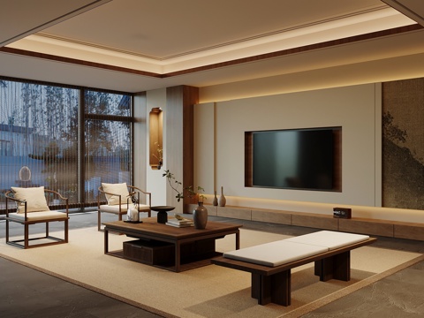 新中式客厅 电视背景墙su模型