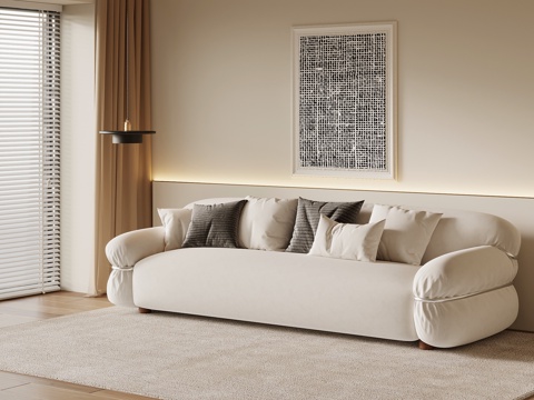 现代奶油风多人沙发 直排沙发 布艺沙发su模型