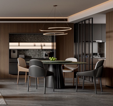  现代餐桌椅组合 圆餐桌 餐椅 吊灯 餐边柜3d模型 