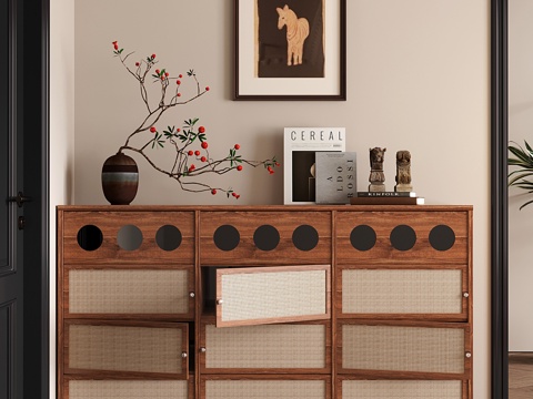 中古侘寂矮鞋柜 藤编鞋柜su模型