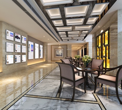  新中式 现代轻奢公司会客区 会客厅 洽谈区 走道 过道3d模型 