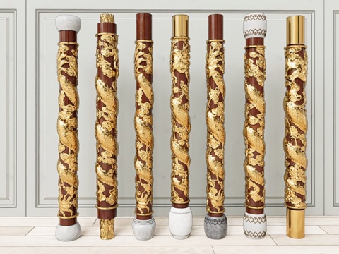 中式龙纹立柱 盘龙柱 传统建筑装饰柱 红木雕花装饰柱 金色龙su模型