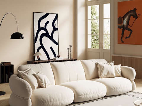 法式奶油风多人沙发 直排沙发su模型