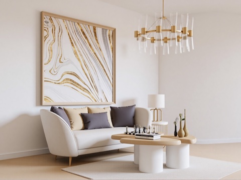 现代沙发茶几组合 装饰画 茶几 摆件 台灯su模型