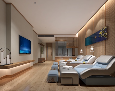  新中式中式足浴间 沙发 竹帘 挂画3d模型 