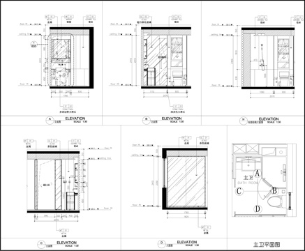 现代卫生间 卫生间立面图 墙面布局图 墙面节点cad施工图