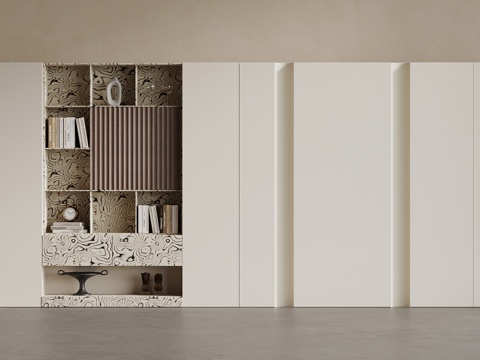 现代中古风背景墙 置物架su模型