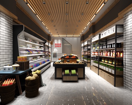  现代工业风格生鲜超市货架背景墙吊顶摆件3d模型 