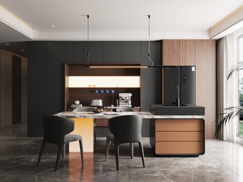  意式极简餐厅 岛台餐厅 岛台餐桌椅3d模型 