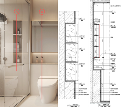 淋浴间瓷砖壁龛、卫生间壁龛节点图、马桶靠背矮台详图、卫生间cad施工图