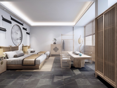  新中式酒店客房 新中式 民宿 徽派 茶桌3d模型 