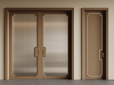 新中式单开门 双开门 木门 平开门 玻璃门su模型