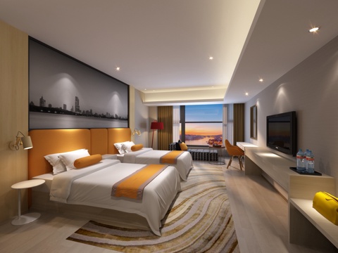 现代最新现代酒店客房 床 电视柜 床头柜 落地灯 装饰画3d模型