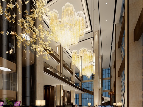  新古典酒店大堂 宾馆大堂 公司前台 吧台 沙发茶几 装饰画3d模型 