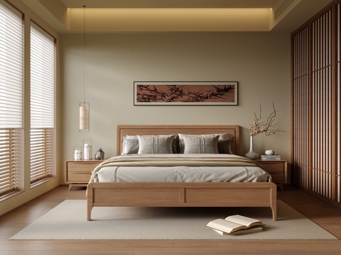 日式卧室 双人床 床头柜su模型