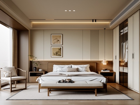  新中式卧室 布艺双人床 床头柜 吊灯 挂画 休闲椅 地毯3d模型 