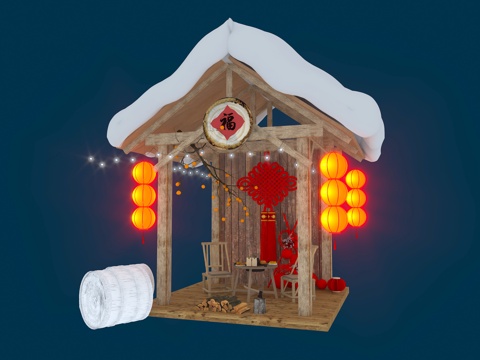  新中式雪屋 木屋 灯笼 中国结3d模型 